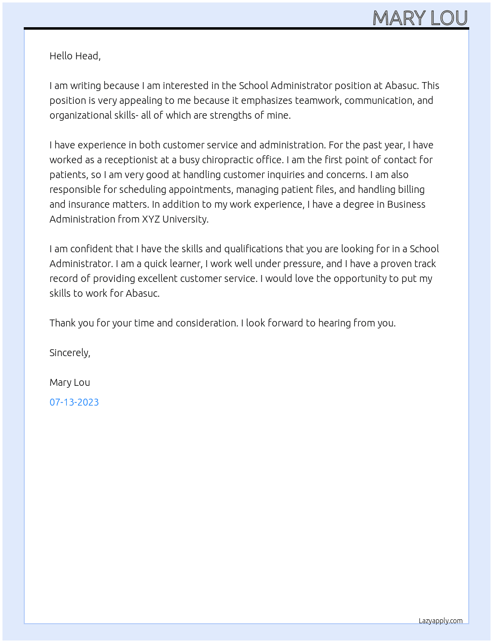 School Administrator At Abasuc Cover Letter