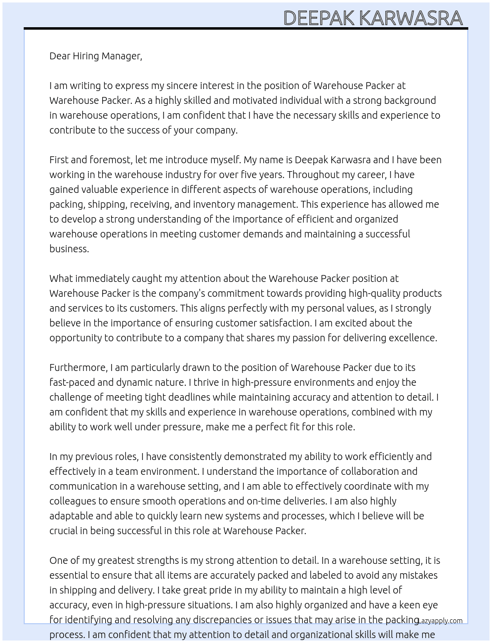 Warehouse packer At Warehouse packer Cover Letter