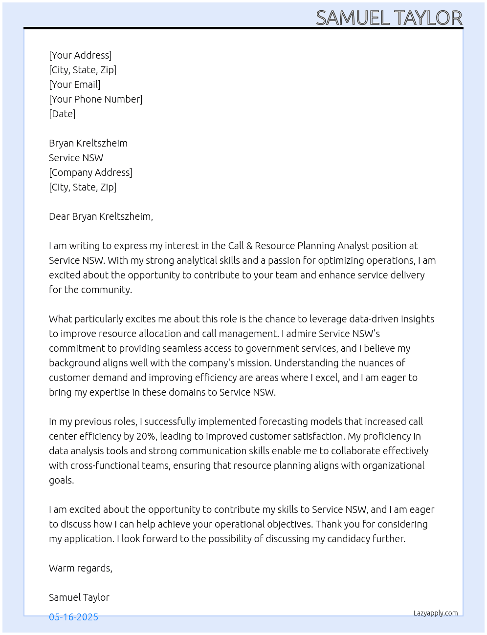 Call & Resource Planning Analyst  At Service NSW Cover Letter