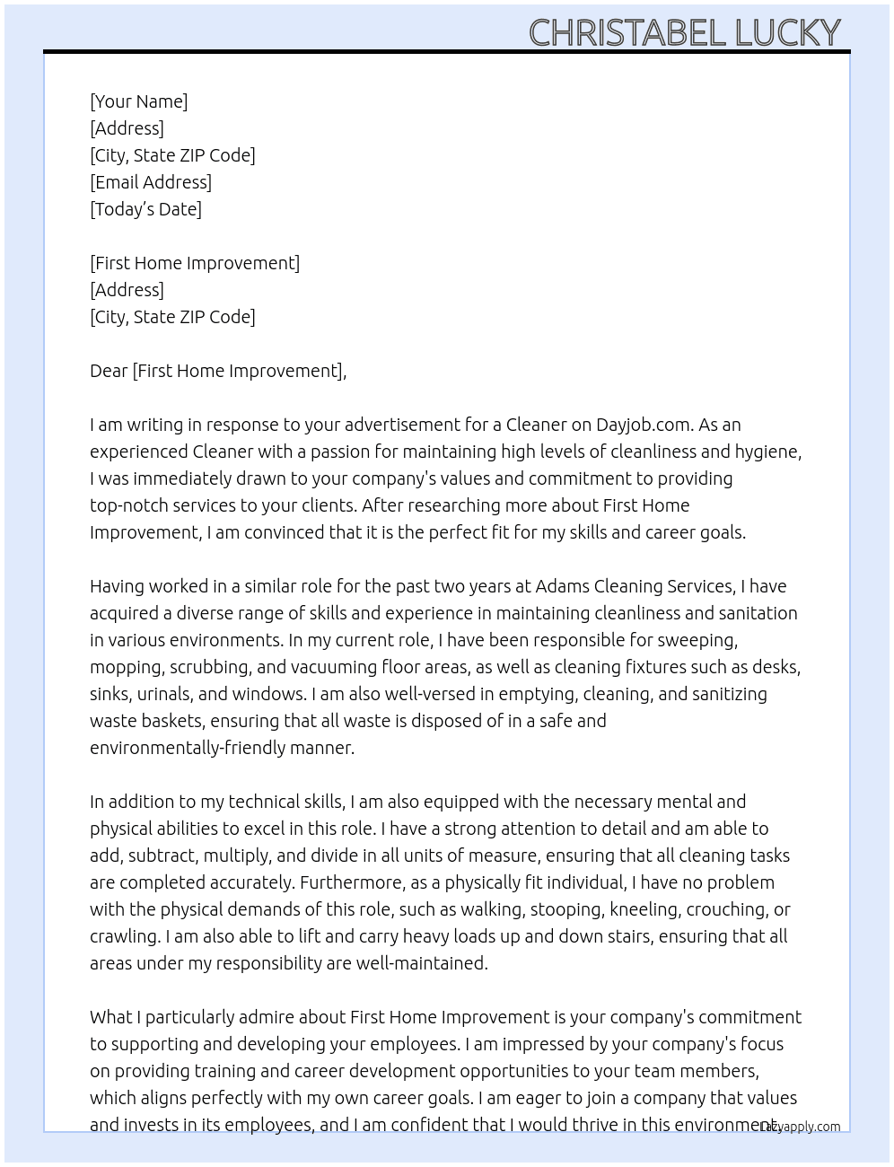 Cleaner At First home improvement  Cover Letter