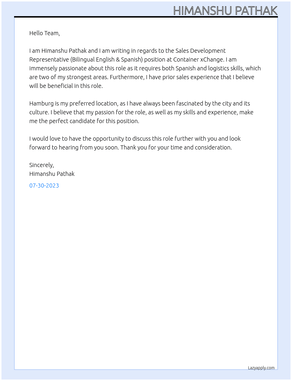 SALES DEVELOPMENT REPRESENTATIVE (BILINGUAL ENGLISH & SPANISH) At Container xChange Cover Letter