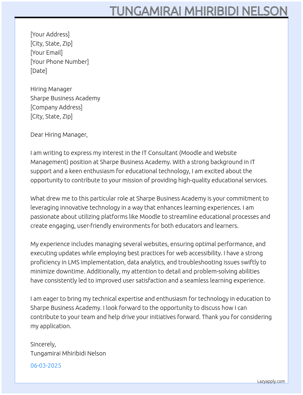 IT Consultant( Moodle and Website Management) At Sharpe Business Academy Cover Letter