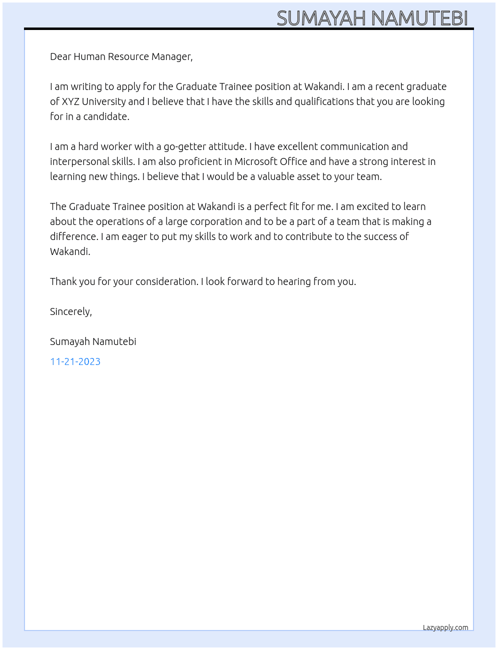 Graduate trainee  At Wakandi Cover Letter