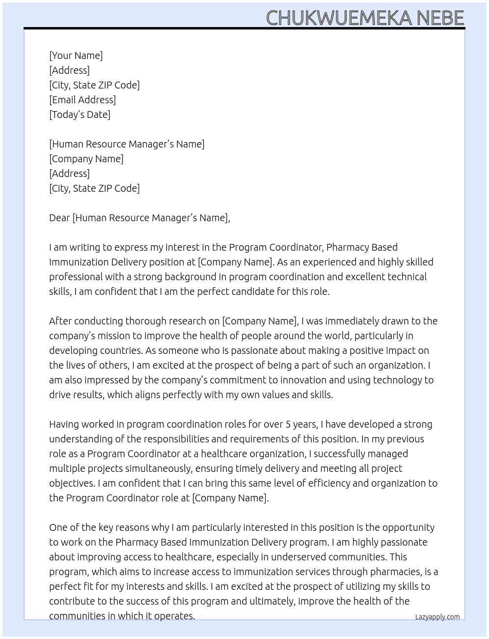 Program Coordinator, Pharmacy Based Immunization Delivery At PSI Cover Letter