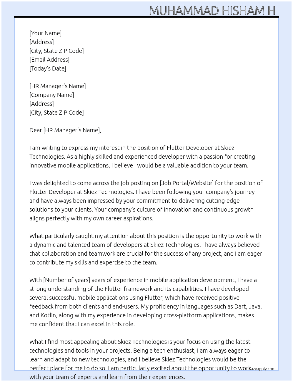 Flutter Developer At Skiez Technologies Cover Letter