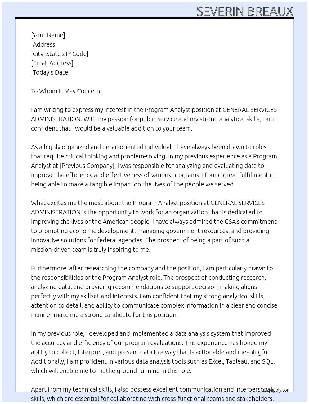 Program Analyst At GENERAL SERVICES ADMINISTRATION Cover Letter