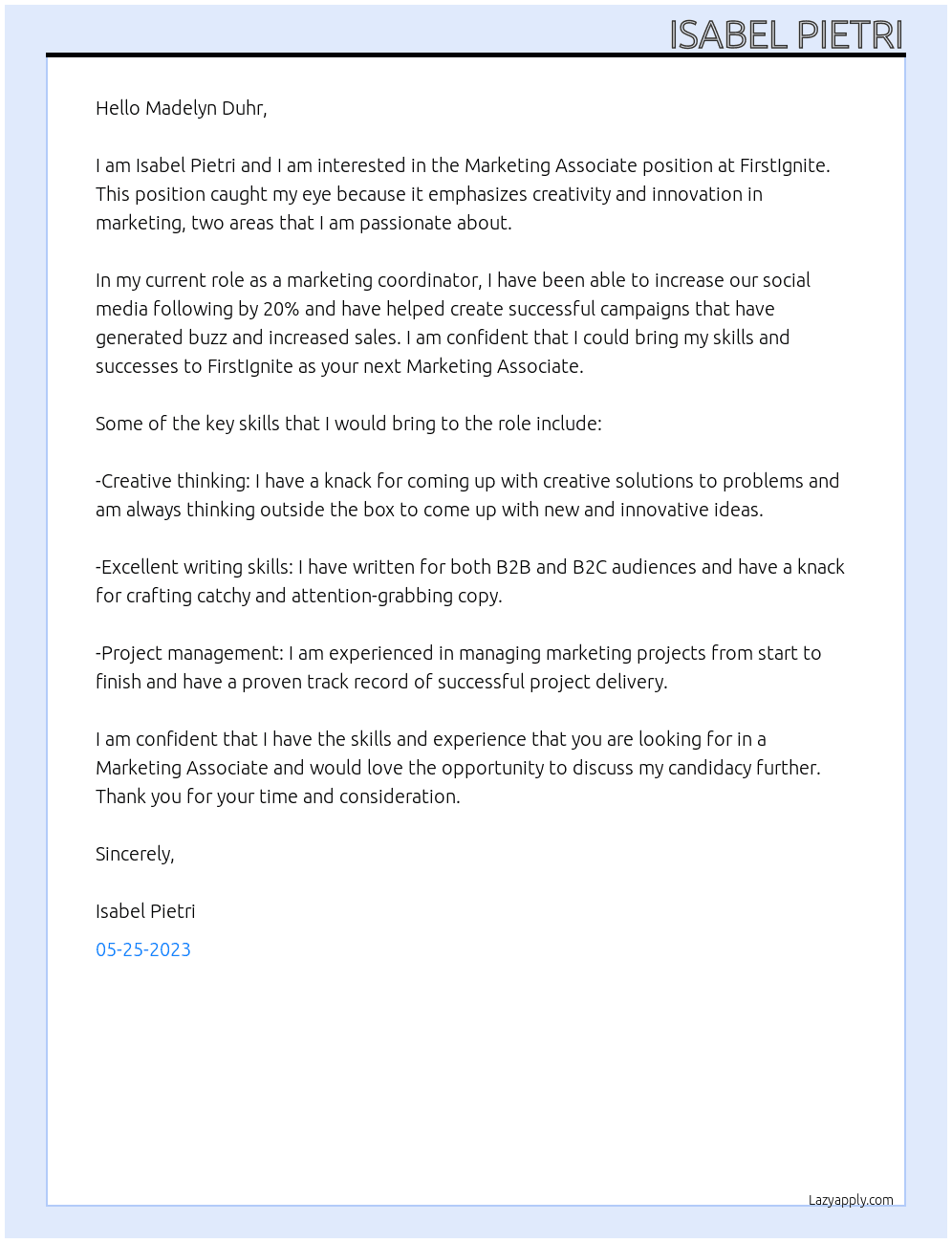 Marketing Associate At FirstIgnite Cover Letter