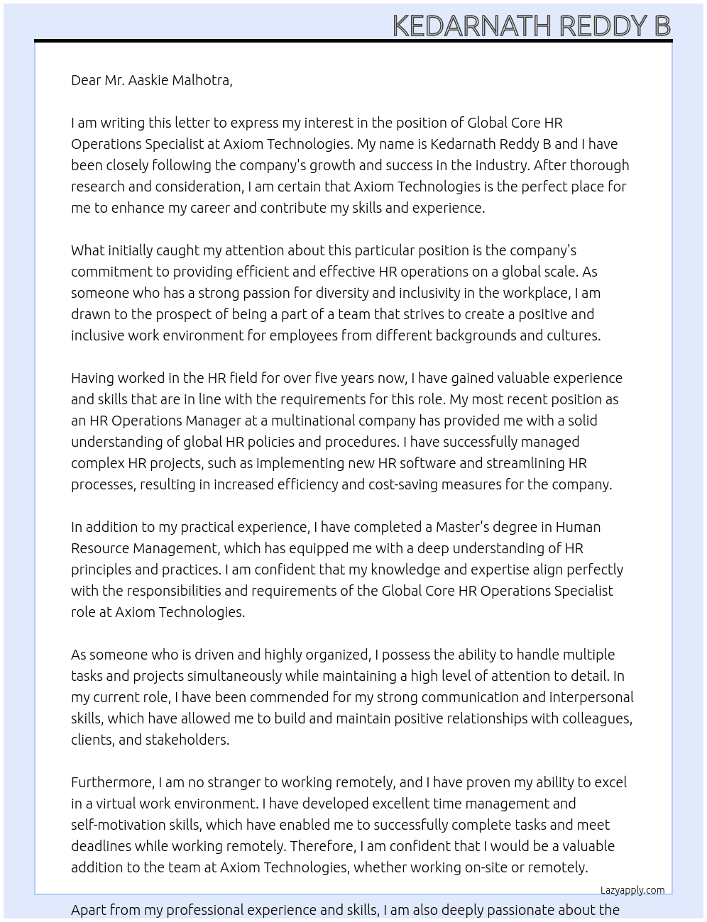 Global Core HR Operations Specialist At Axiom Technologies Cover Letter