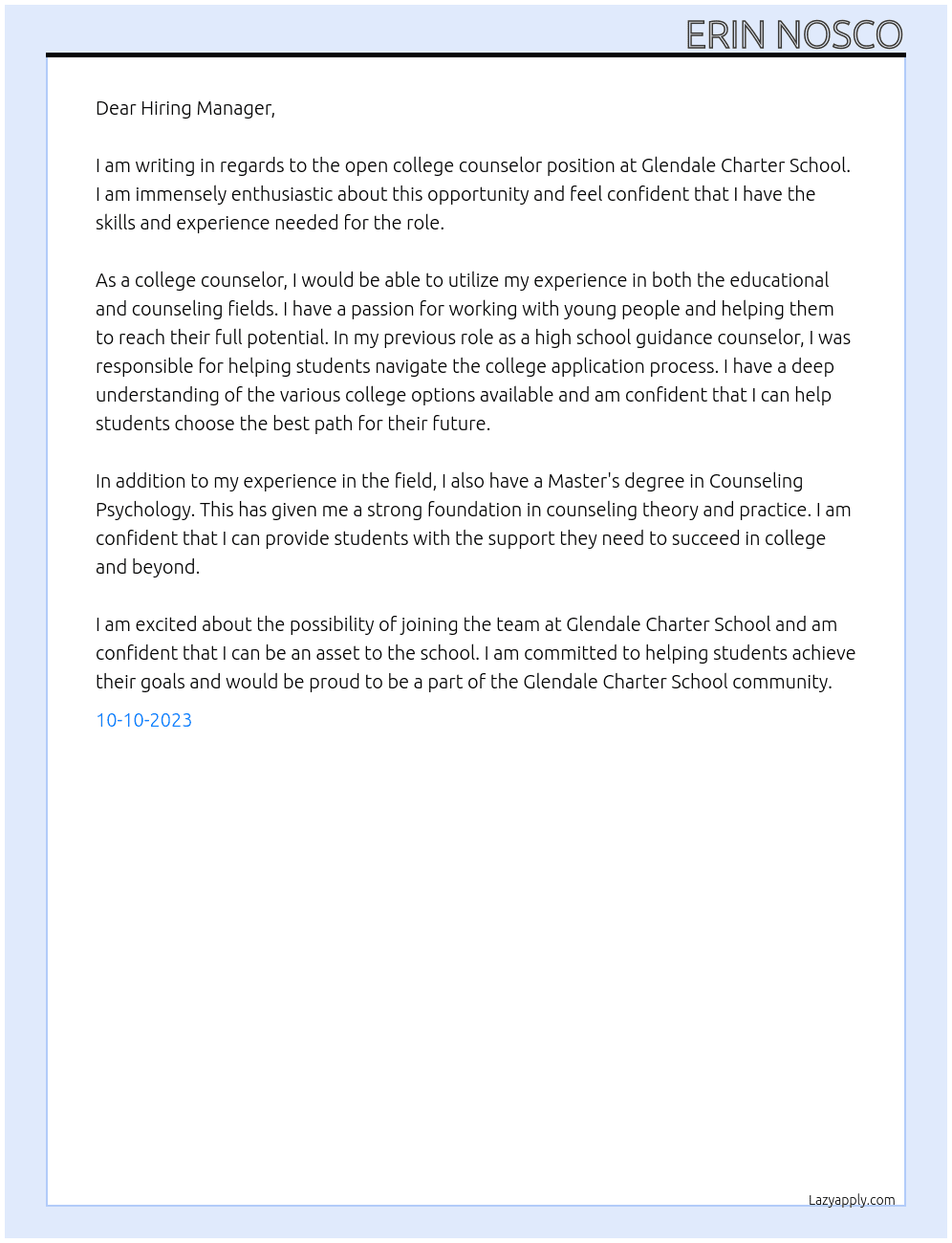College Counselor At Glendale Charter School Cover Letter