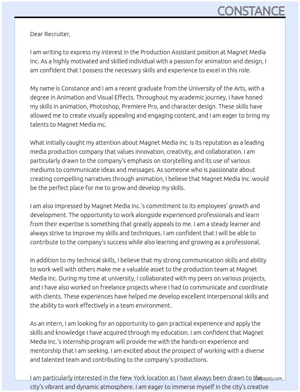 production assistant  At magnet Media inc Cover Letter