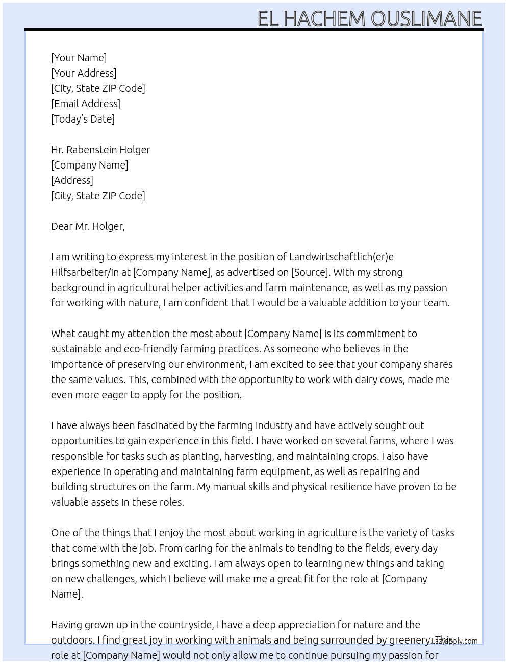 Landwirtschaftlich(er)e Hilfsarbeiter/in At Rabenstein Holger Cover Letter