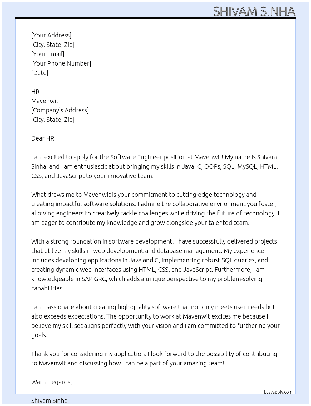 software engineer At Mavenwit Cover Letter