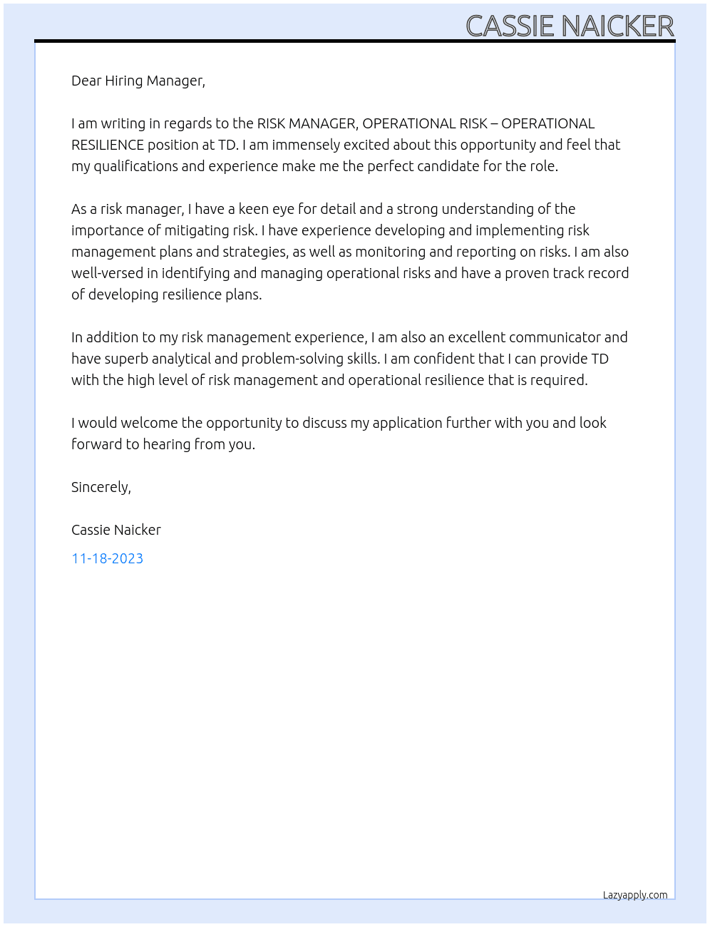 RISK MANAGER, OPERATIONAL RISK – OPERATIONAL RESILIENCE At TD Cover Letter