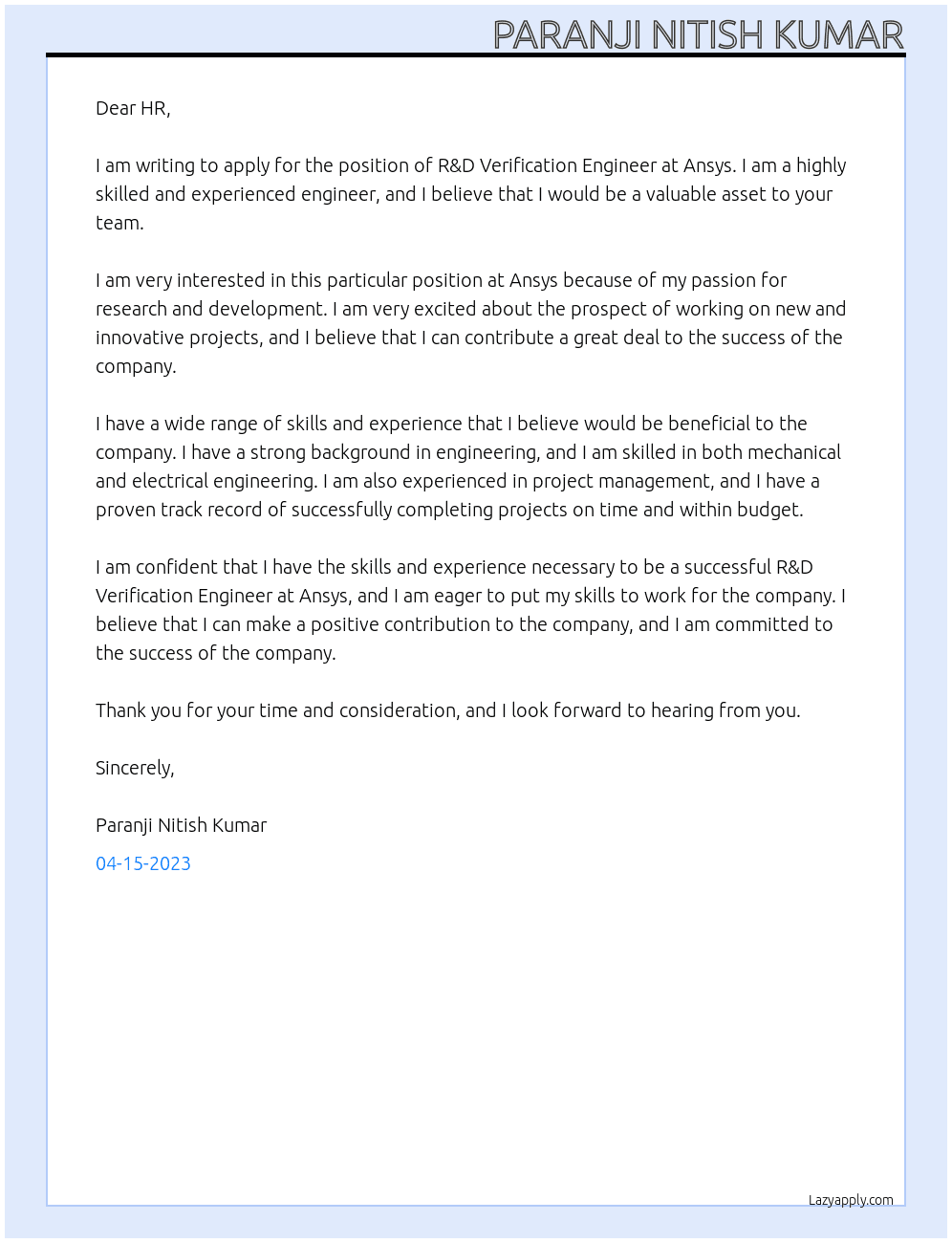 R&D Verification Engineer  At Ansys Cover Letter