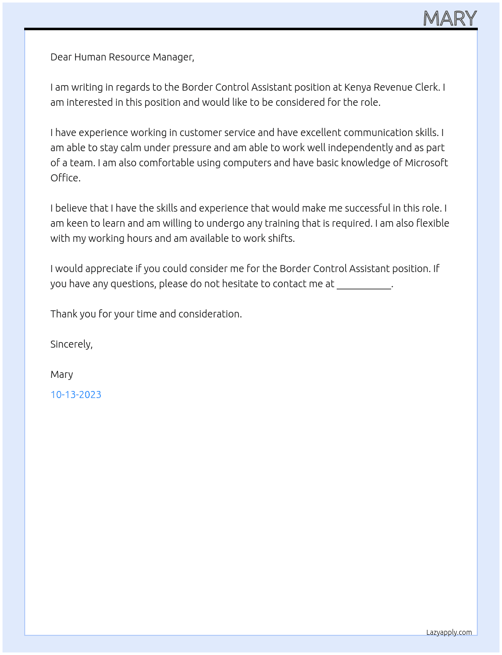 Border Control Assistant At Kenya Revenue Clerk Cover Letter