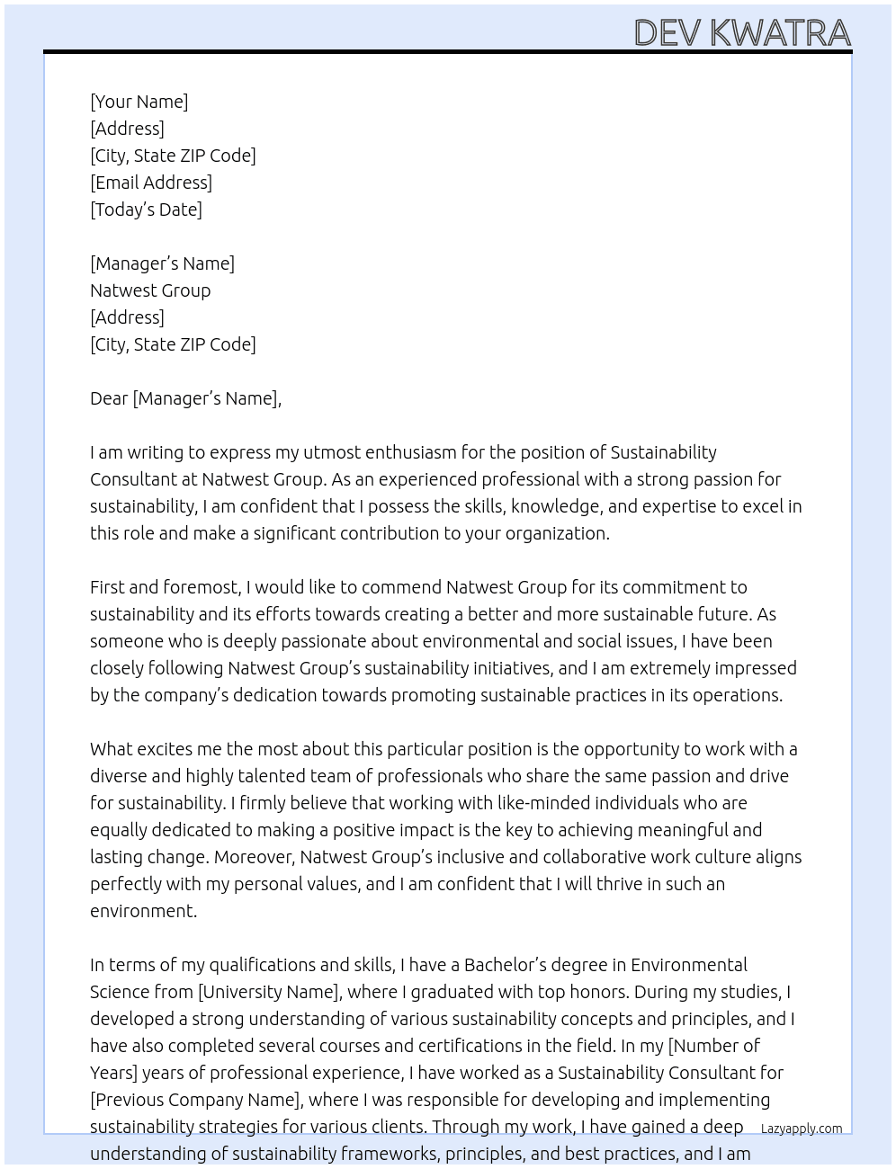 sustainability consultant At Natwest Group Cover Letter