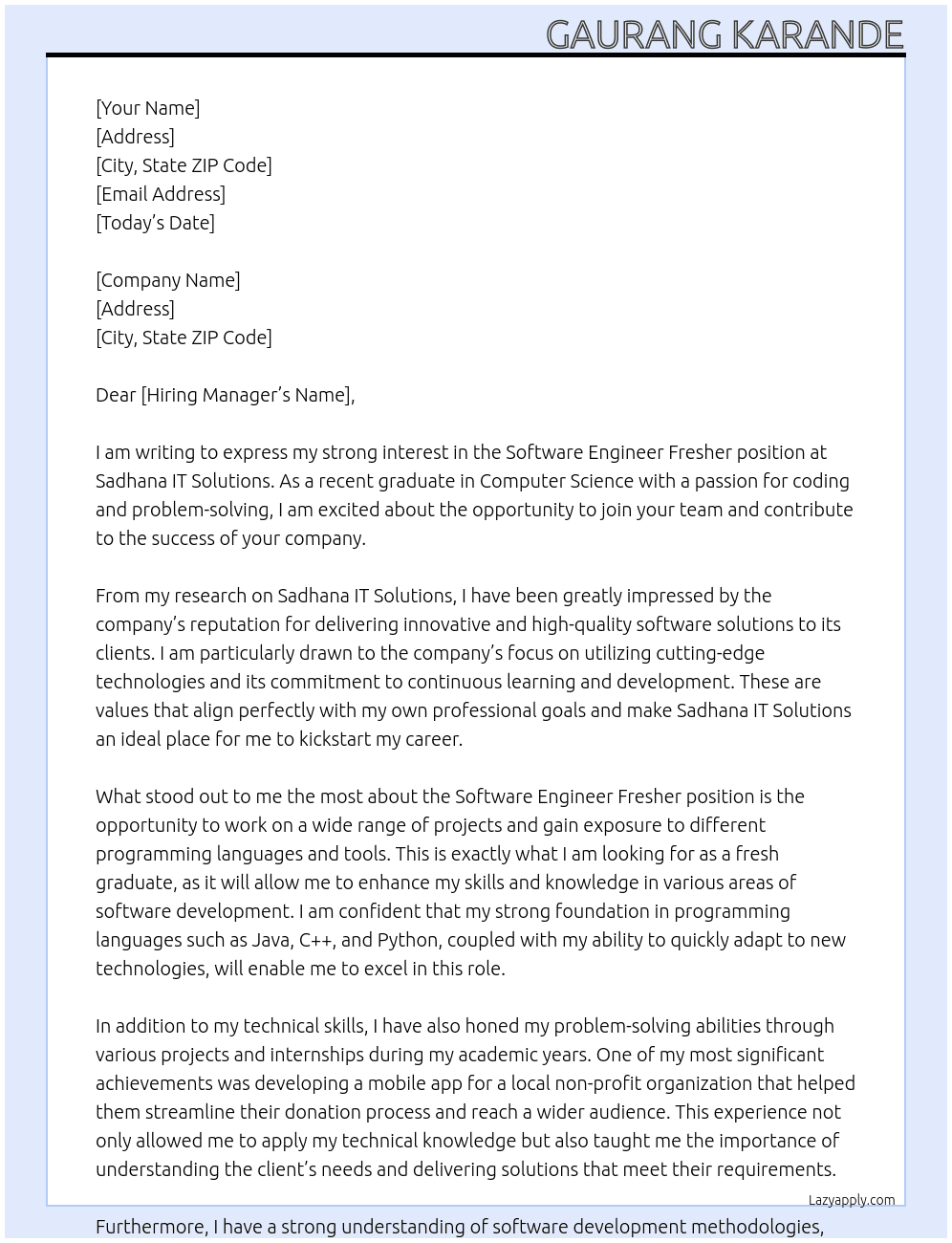 Software Engineer Fresher At Sadhana IT Solutions Cover Letter