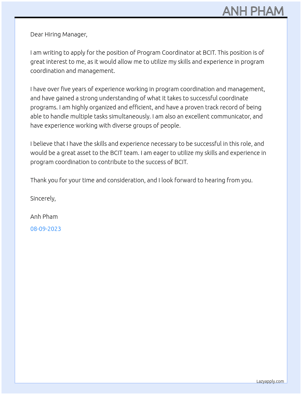 Program Coordinator  At BCIT  Cover Letter