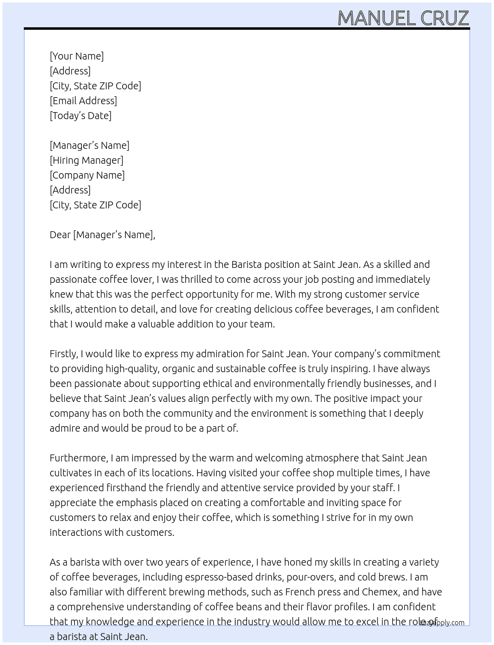 barista At Saint Jean Cover Letter