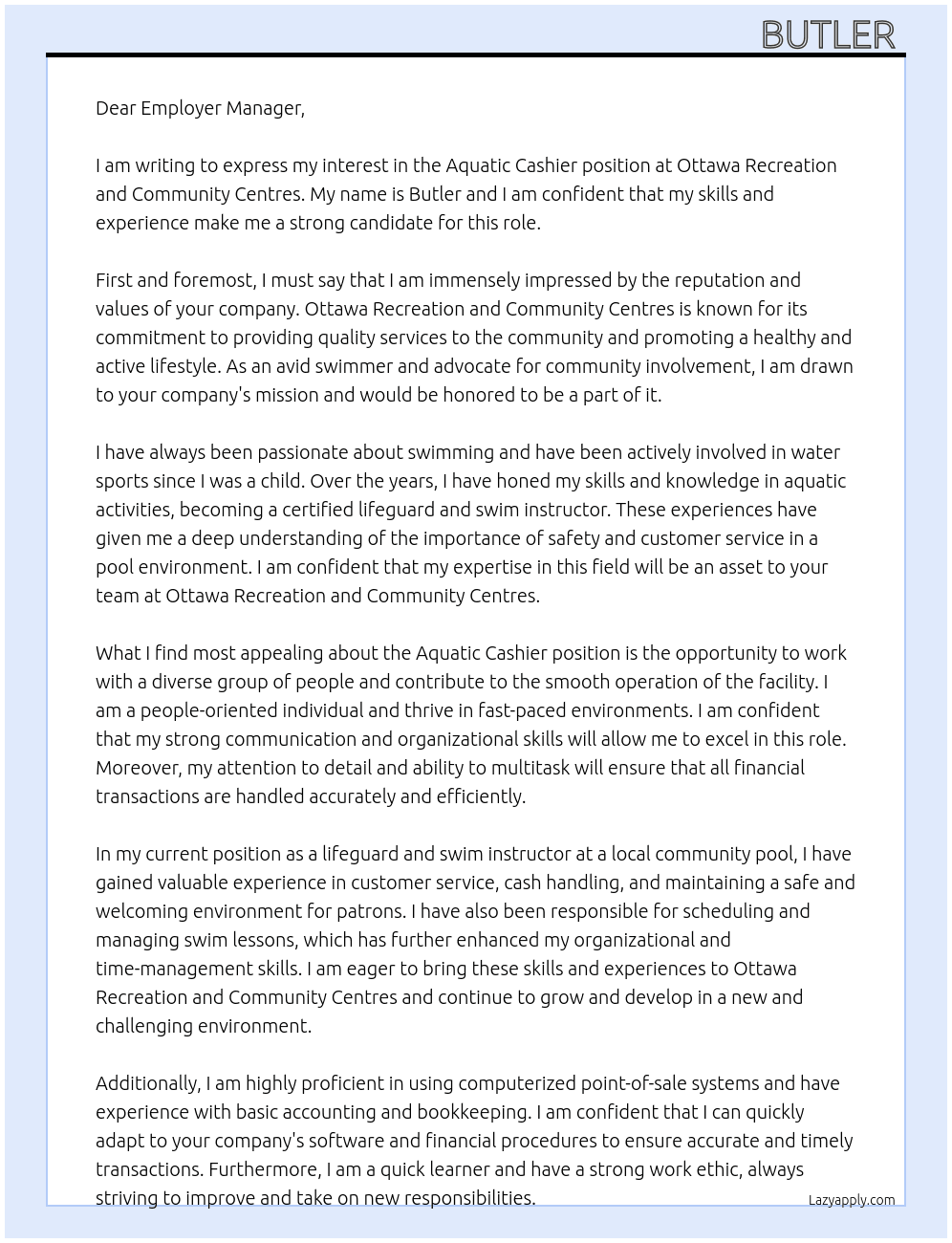 Cover letter for aquatic cashier - LazyApply