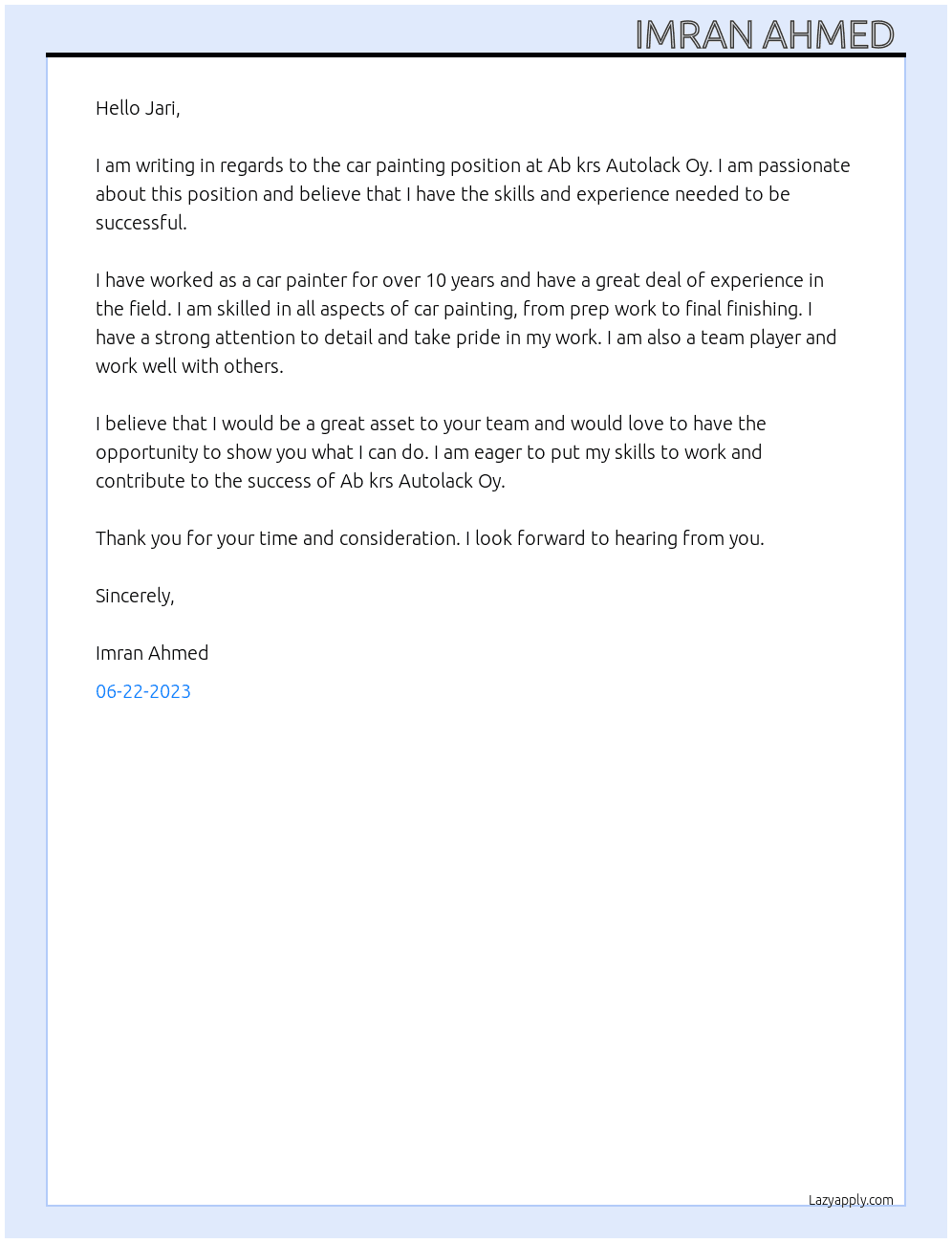 Car painting  At Ab krs Autolack Oy Cover Letter