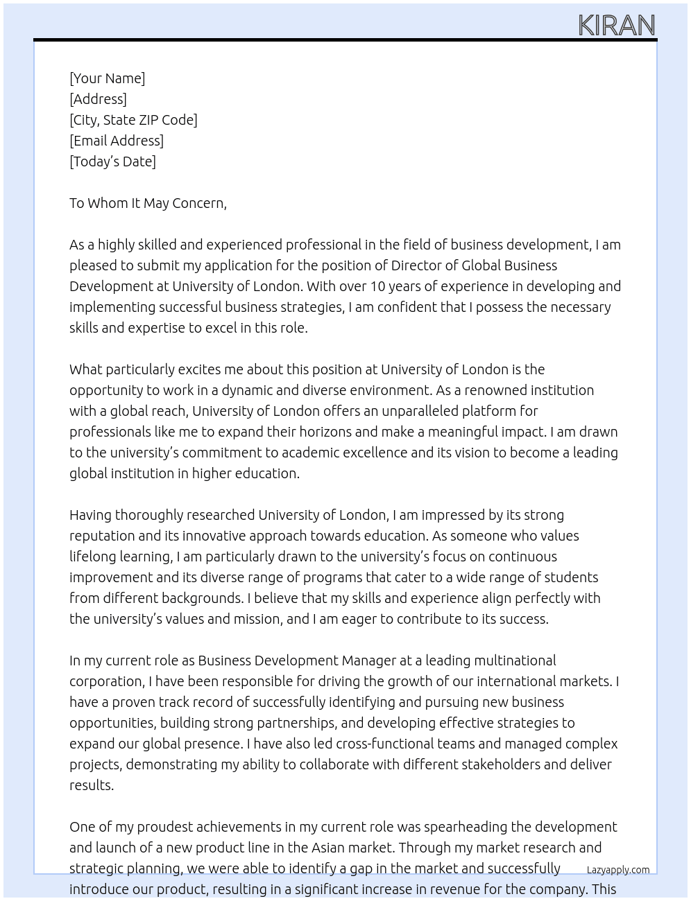 Director of Global Business Development At University of London Cover Letter