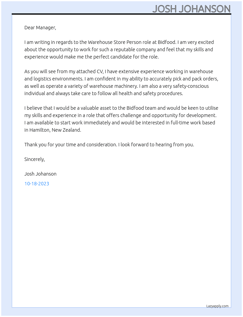 Warehouse Store Person At Bidfood Cover Letter