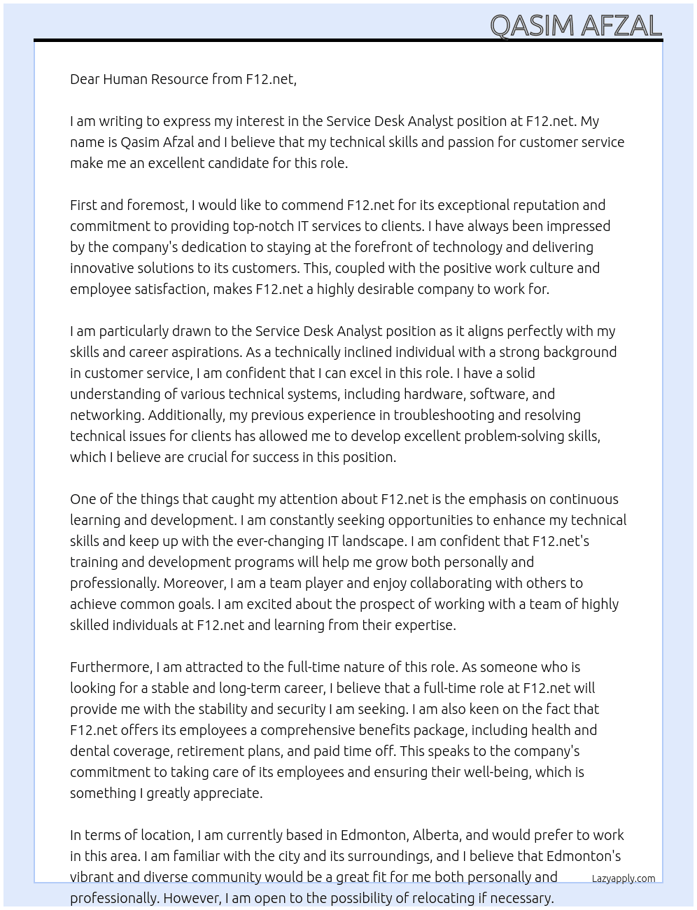 service desk analyst At F12.net Cover Letter