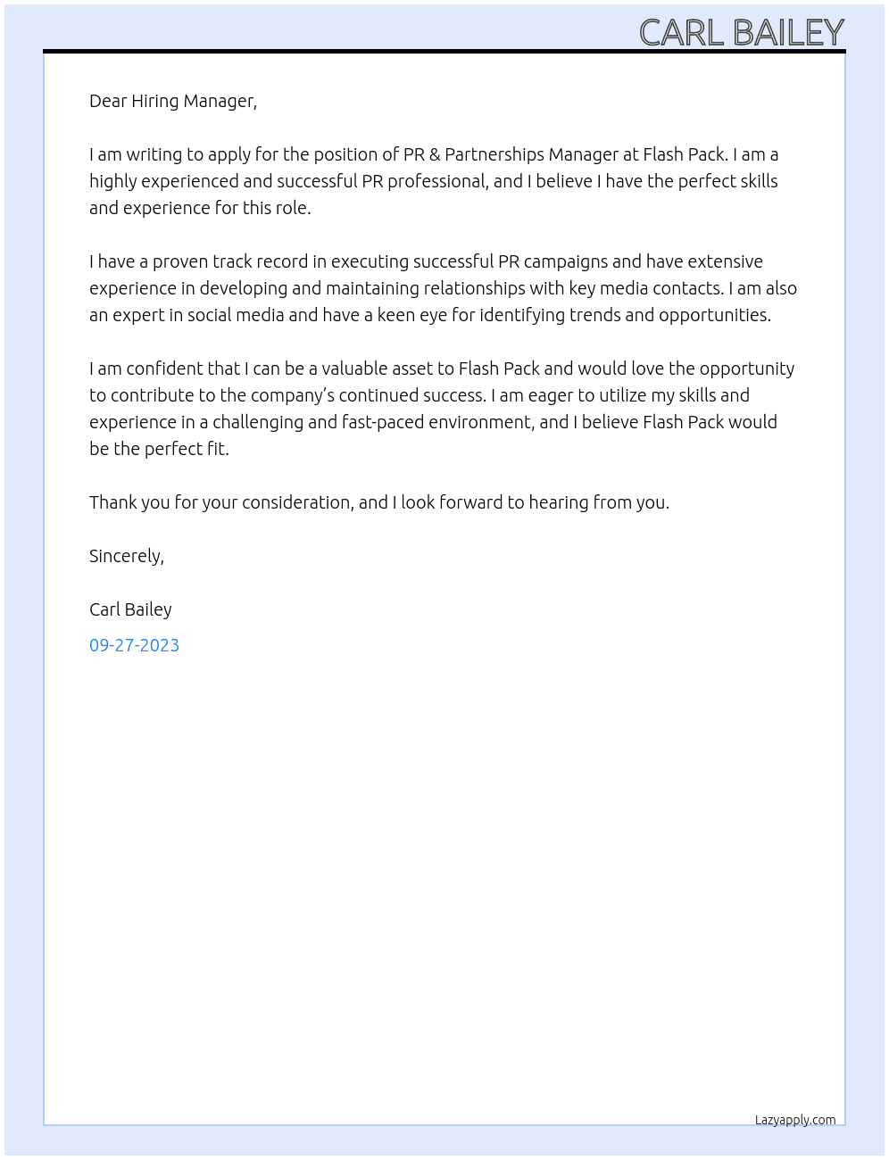 PR & Partnerships Manager  At Flash Pack  Cover Letter