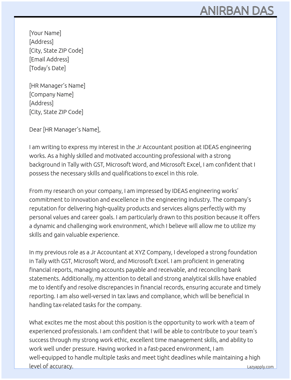 Jr Accountant  At IDEAS engineering works Cover Letter