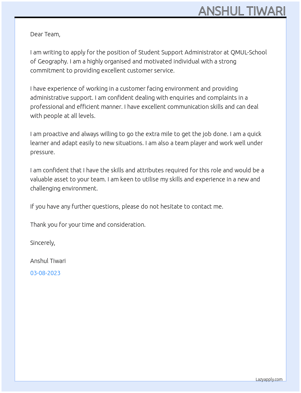 Student support administrator  At QMUL-School of Geography  Cover Letter