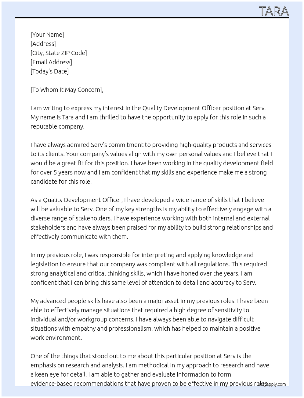 Quality Development Officer At Serv Cover Letter