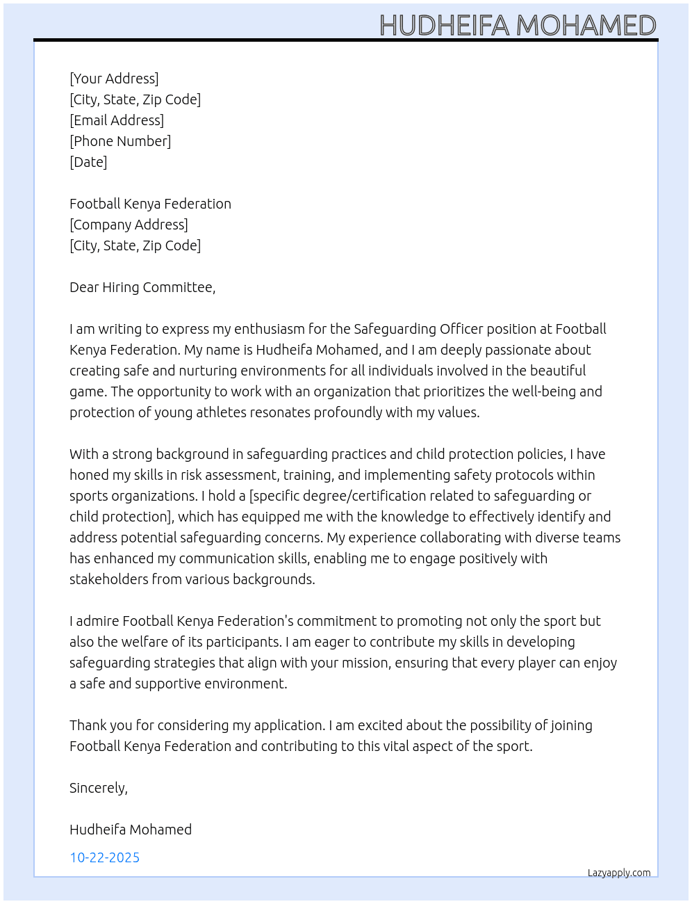 Safeguarding officer At Football Kenya Federation  Cover Letter