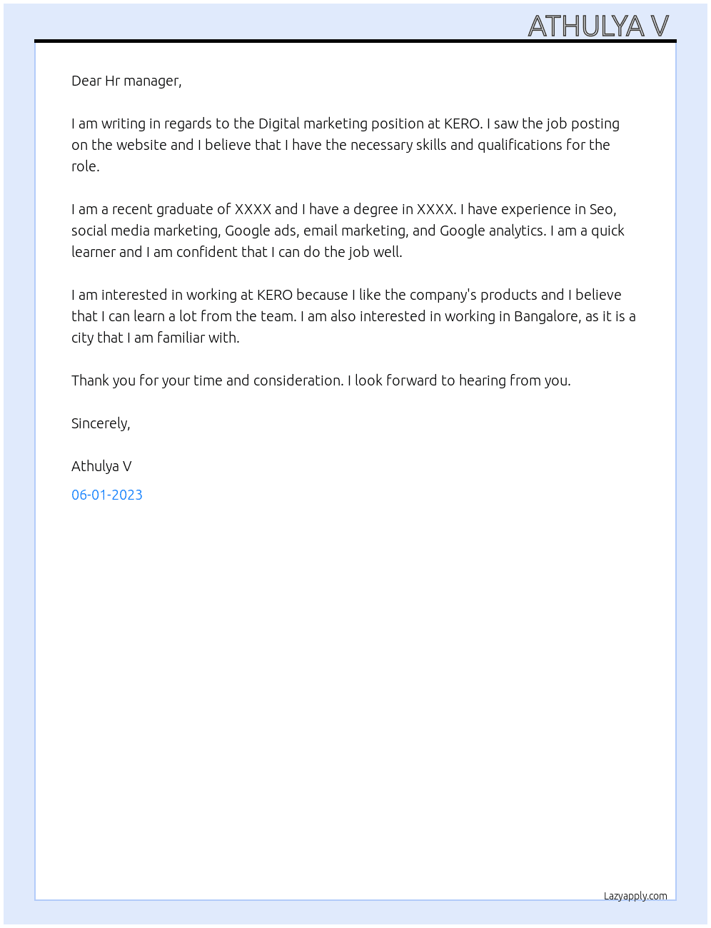 Digital marketing  At KERO Cover Letter