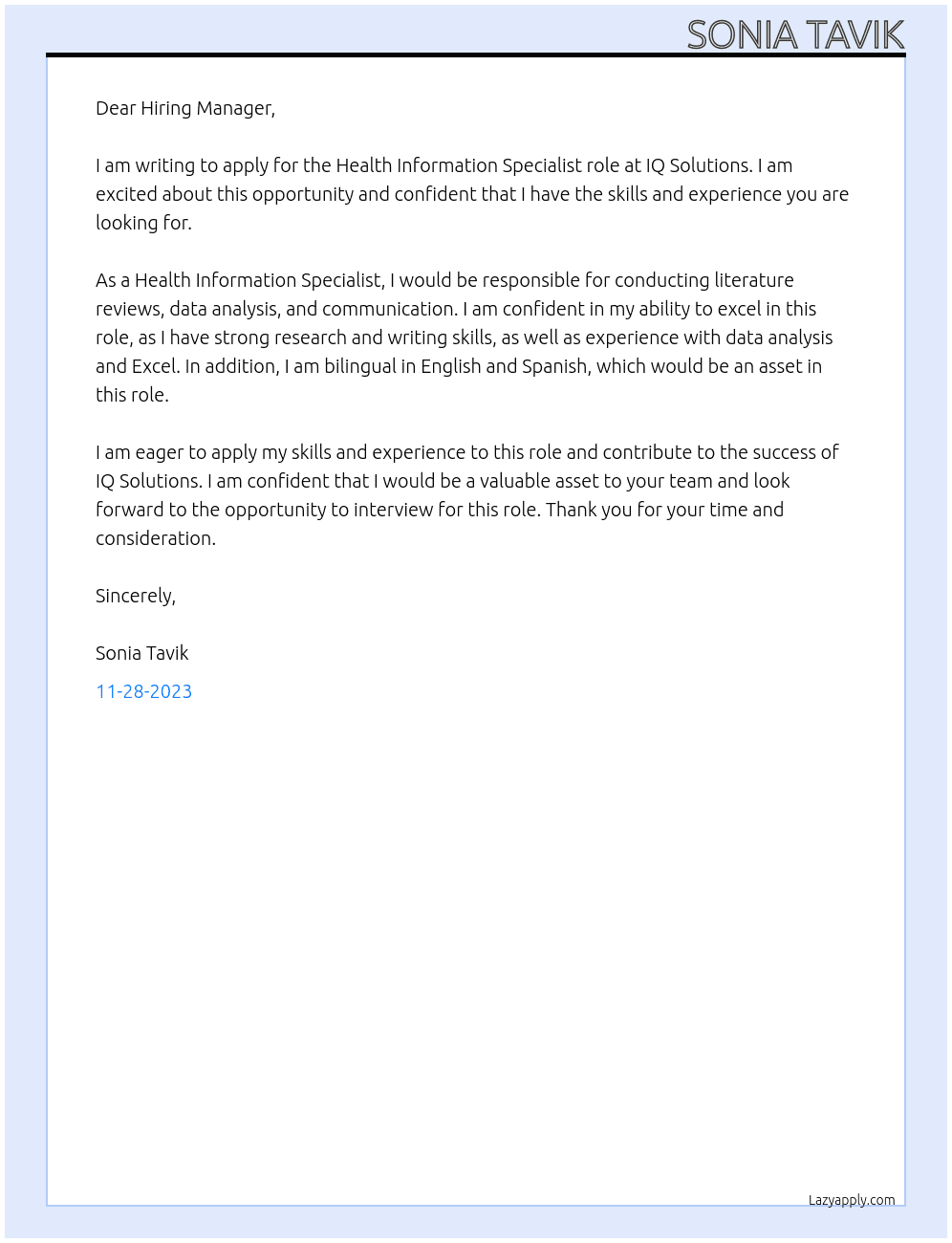 Health Information Specialist At IQ Solutions Cover Letter