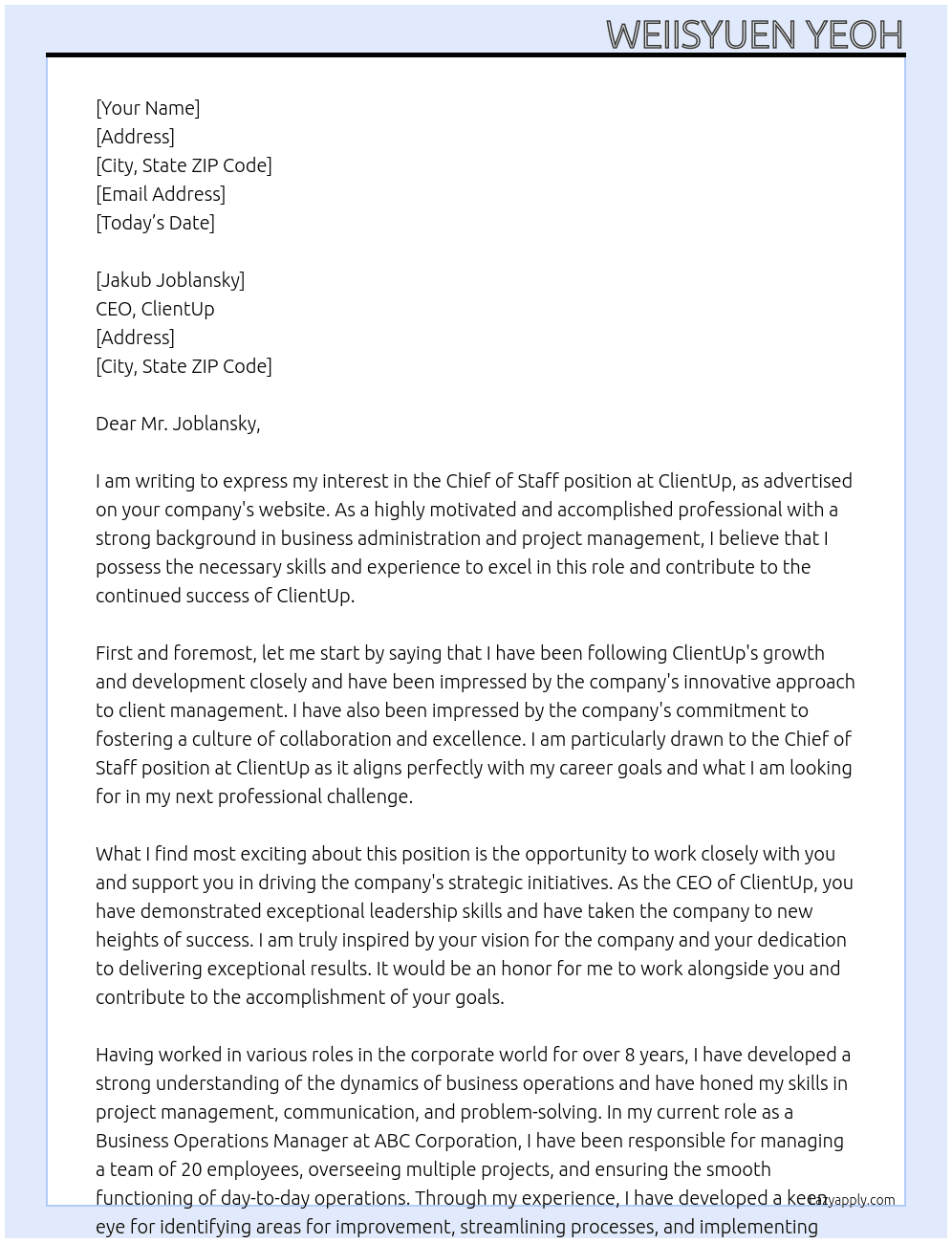 Chief of Staff  At ClientUp Cover Letter