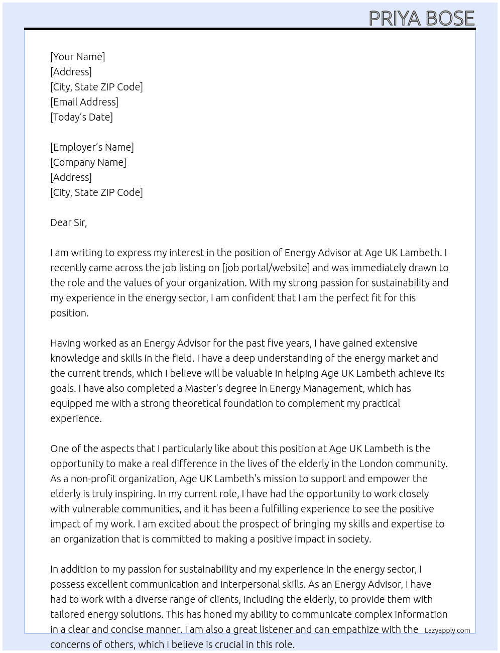 Energy Advisor At Age UK Lambeth Cover Letter