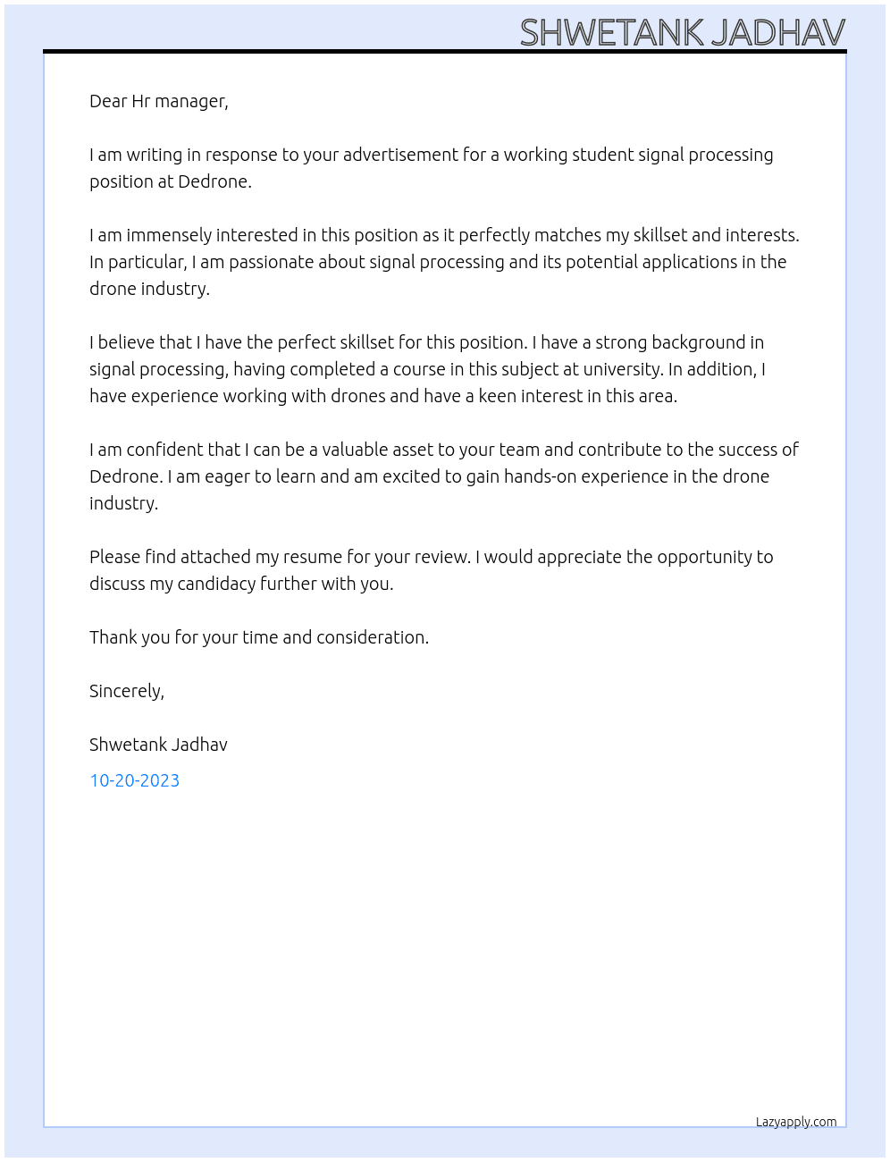 Working student signal processing At Dedrone Cover Letter