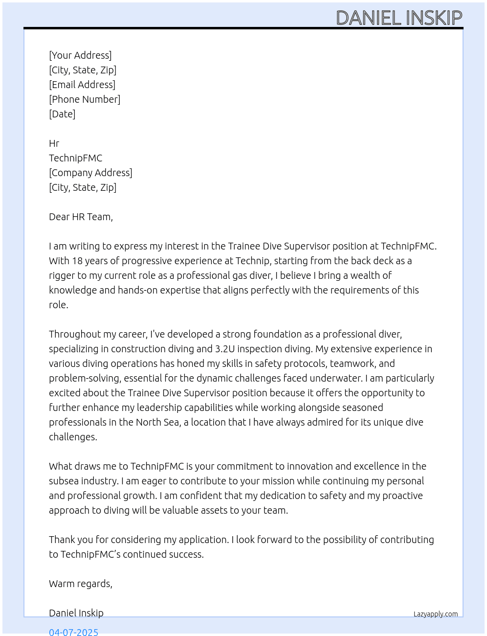 Cover letter for trainee dive supervisor - LazyApply