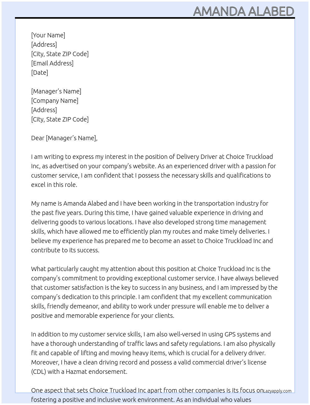 Delivery driver At Choice Truckload Inc Cover Letter
