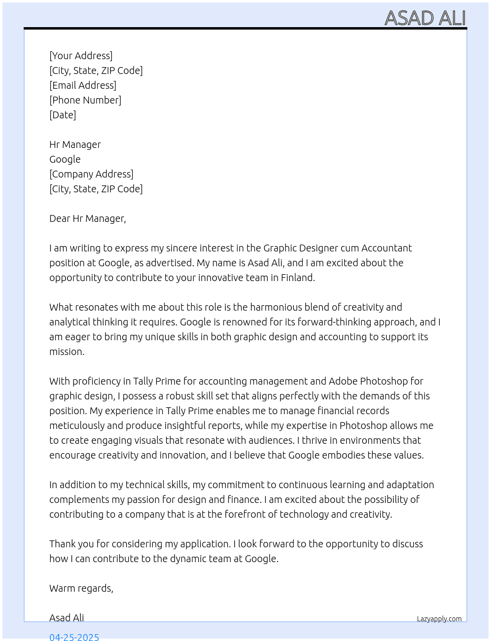 Cover letter for graphic designer cum accountant - LazyApply