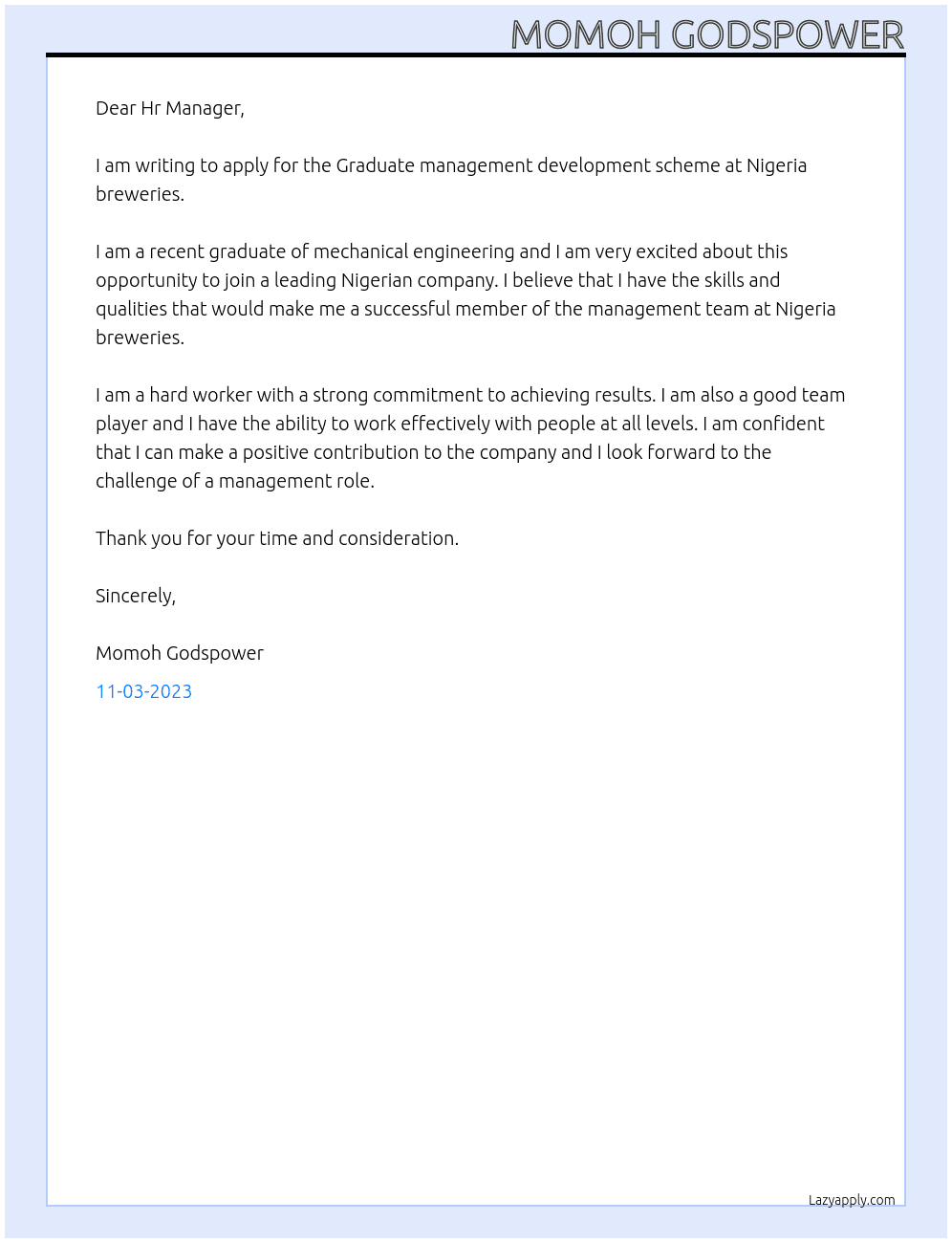 Graduate management development scheme At Nigeria breweries Cover Letter