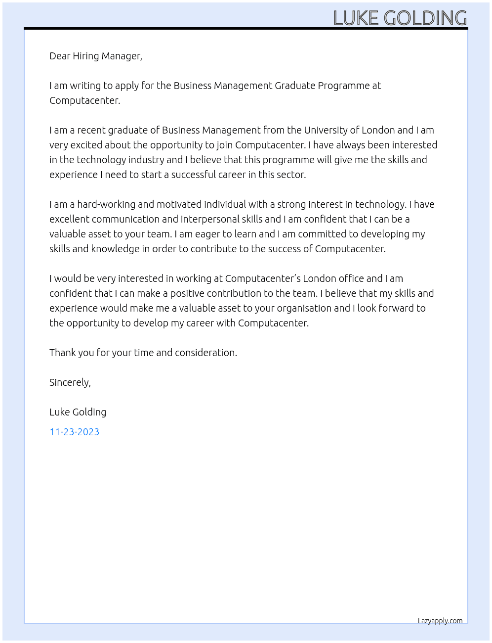 Business Management Graduate Programme At Computacenter Cover Letter
