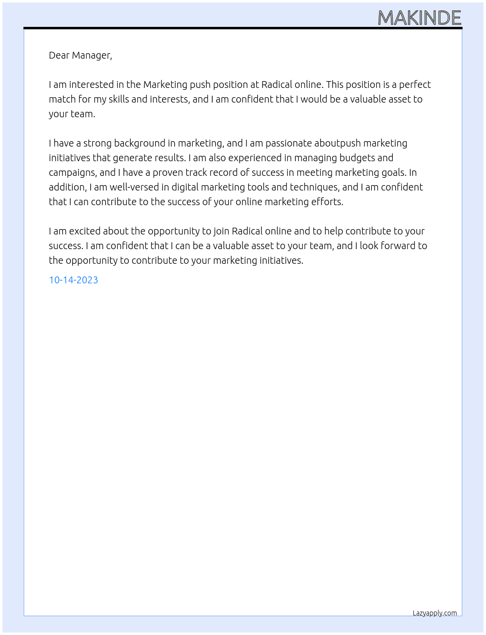 Marketing push At Radical online  Cover Letter