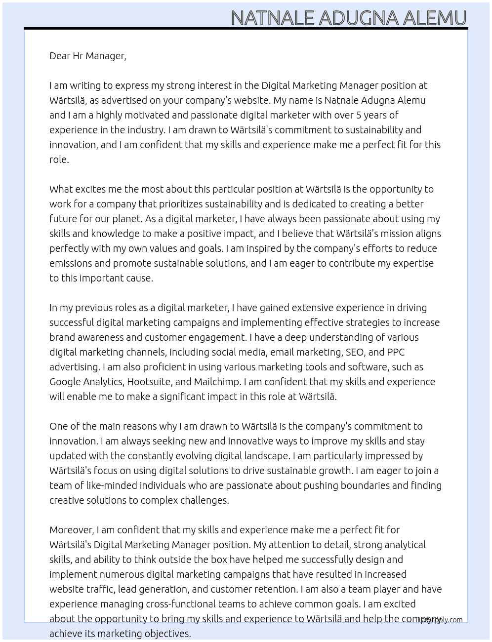 Digital Marketing Manager At Wärtsilä Cover Letter