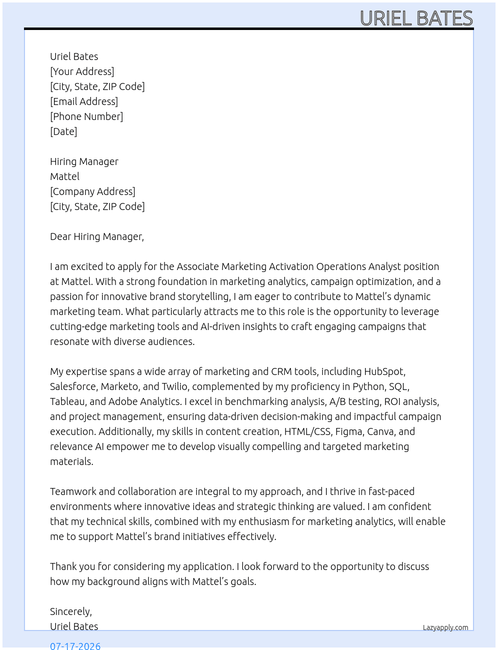 Cover letter for marketing analyst - LazyApply