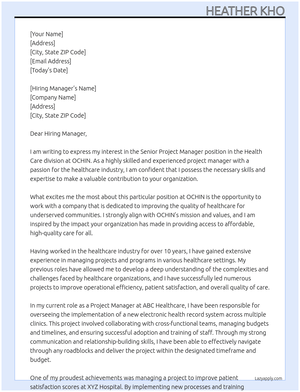 HEALTH CARE -SENIOR PROJECT MANAGER At OCHIN Cover Letter