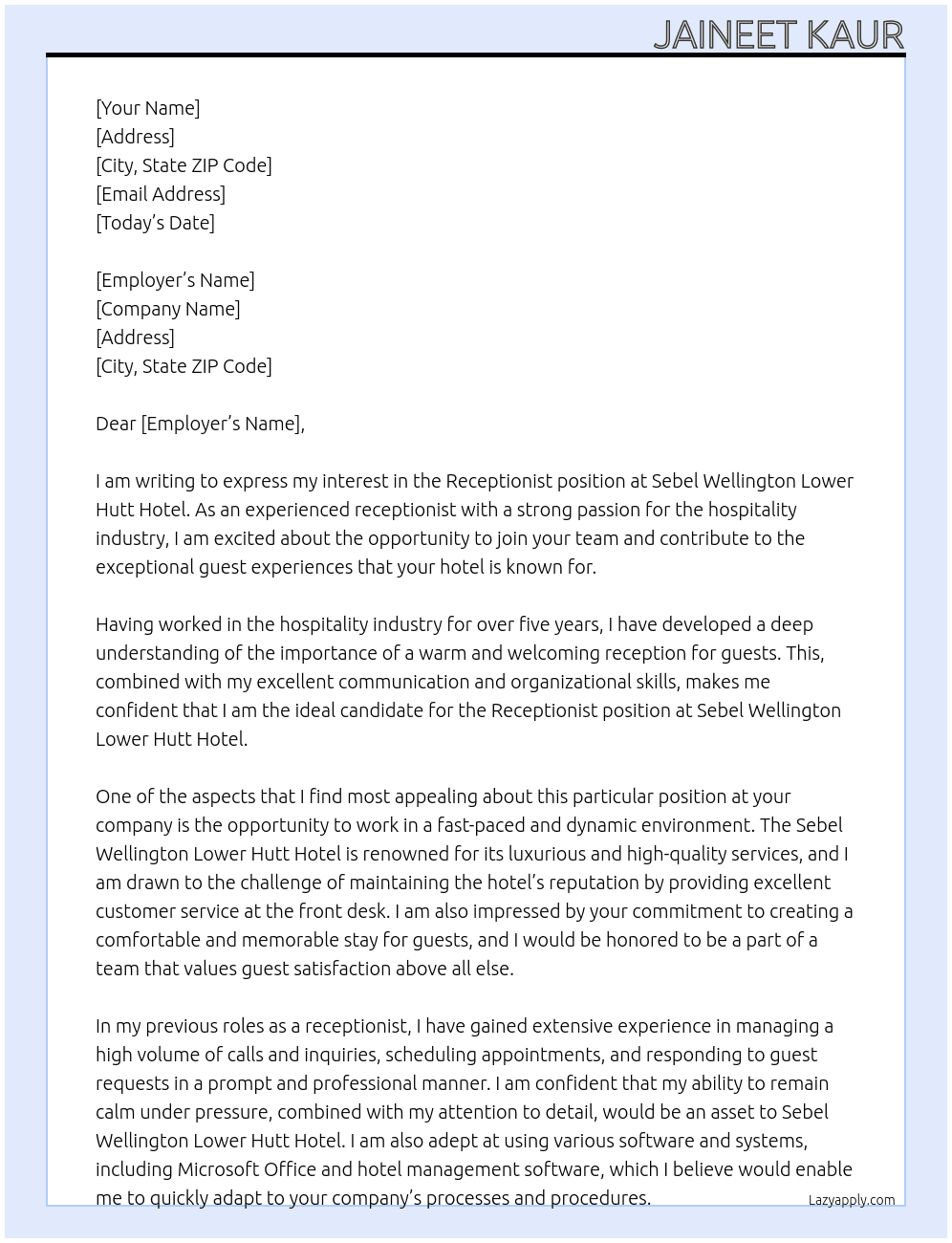 Receptionist At Sebel Wellington Lower Hutt Hotel Cover Letter