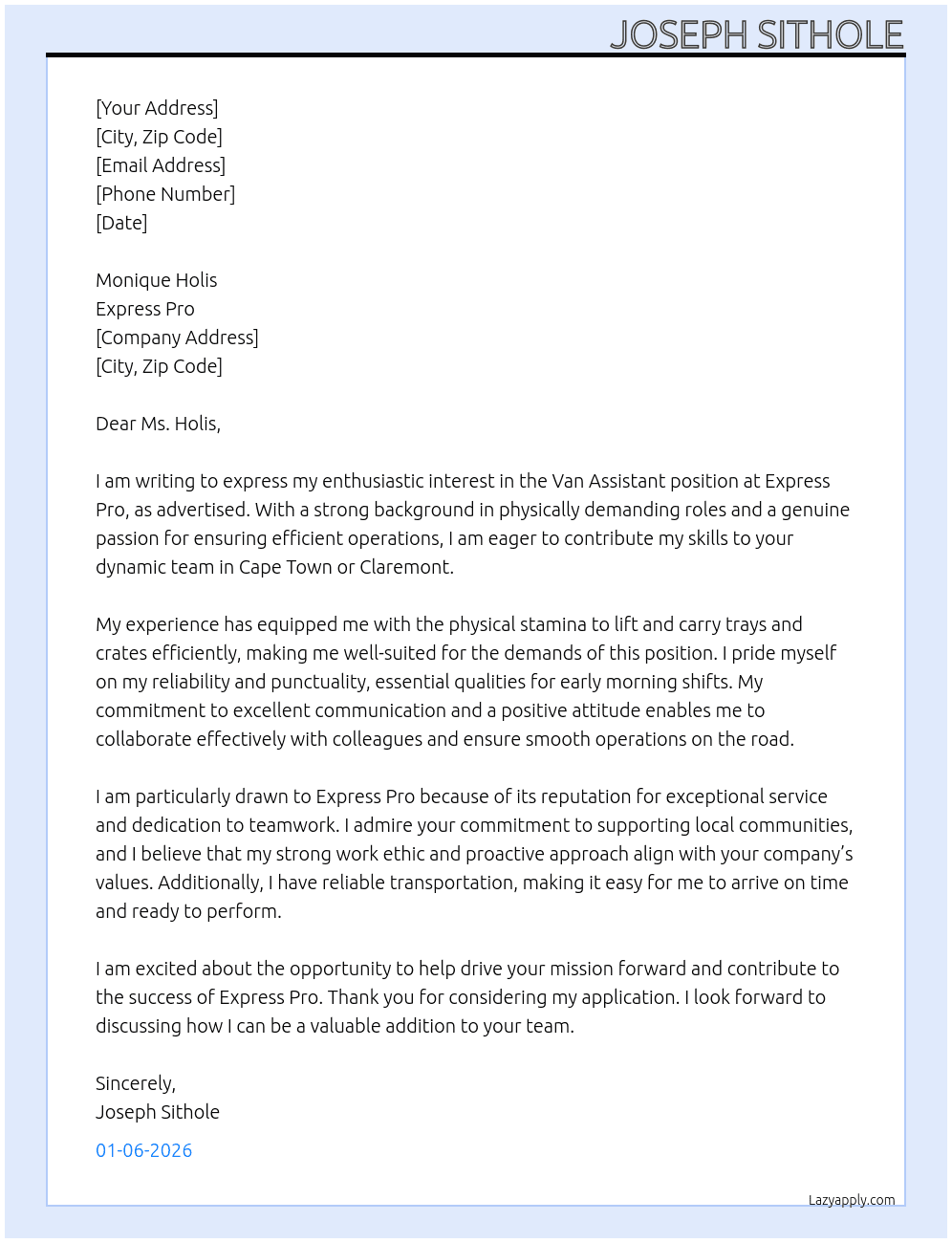 Cover letter for van assistant - LazyApply