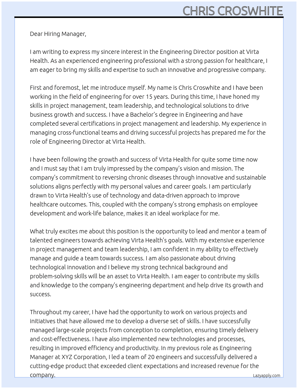 Engineering Director At Virta Health Cover Letter